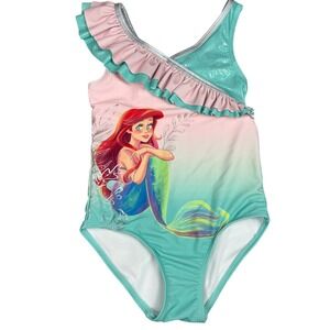 Disney Little Mermaid Ariel One Shoulder Ruffle Swimsuit Sz 7/8 Ombre Pink Teal